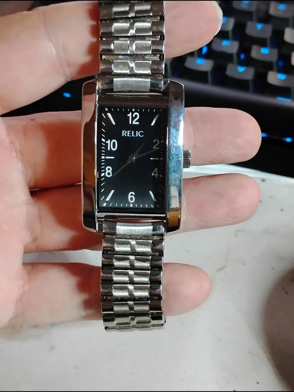 Relic Men's Silver Stainless Steel Rectangular Black Dial Watch